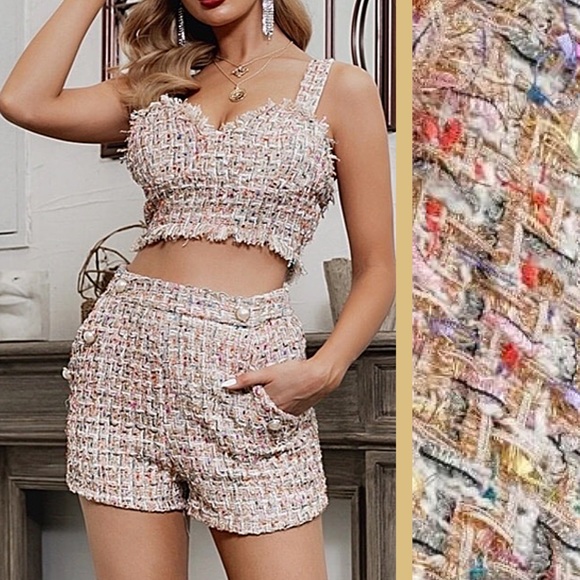 Gold Tweed V Neck Crop Pocket Shorts Fully Lined - Picture 3 of 8